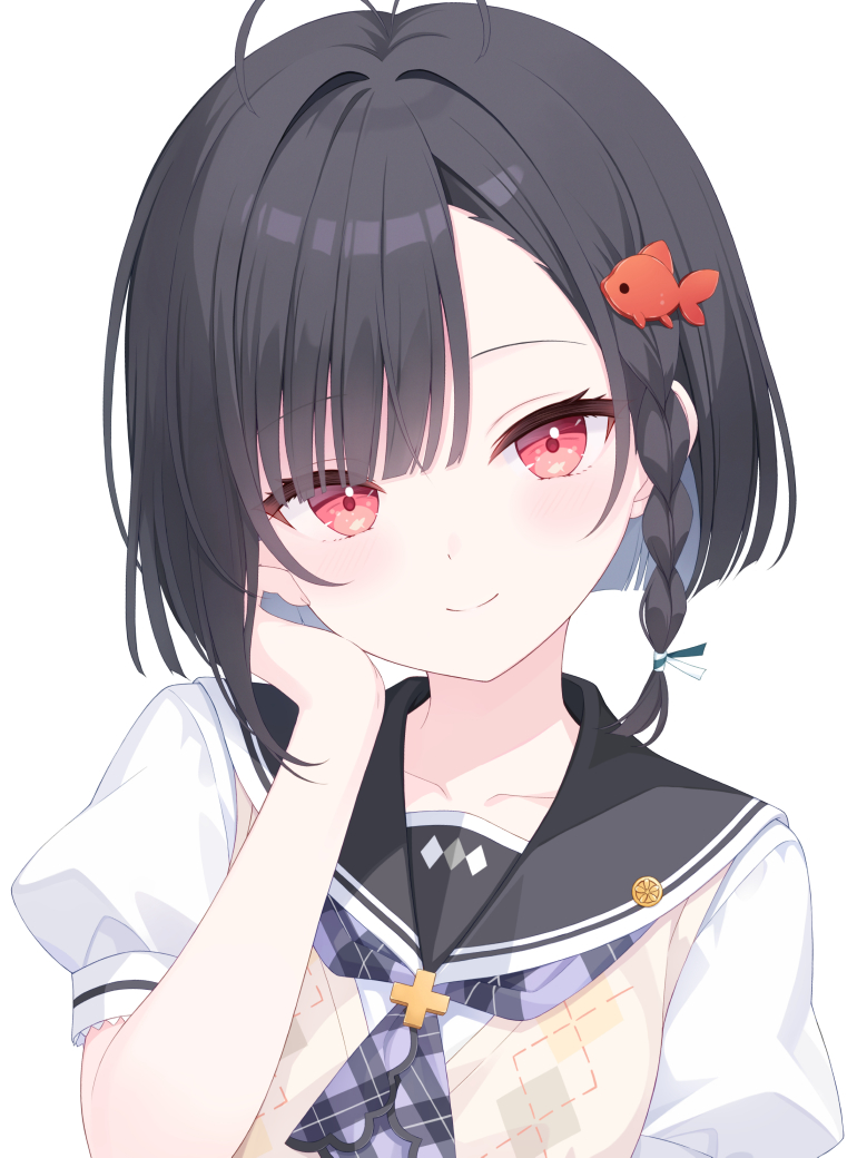 1girl, antenna_hair, ascot, black_sailor_collar, blunt_bangs, blunt_ends, blush, bob_cut