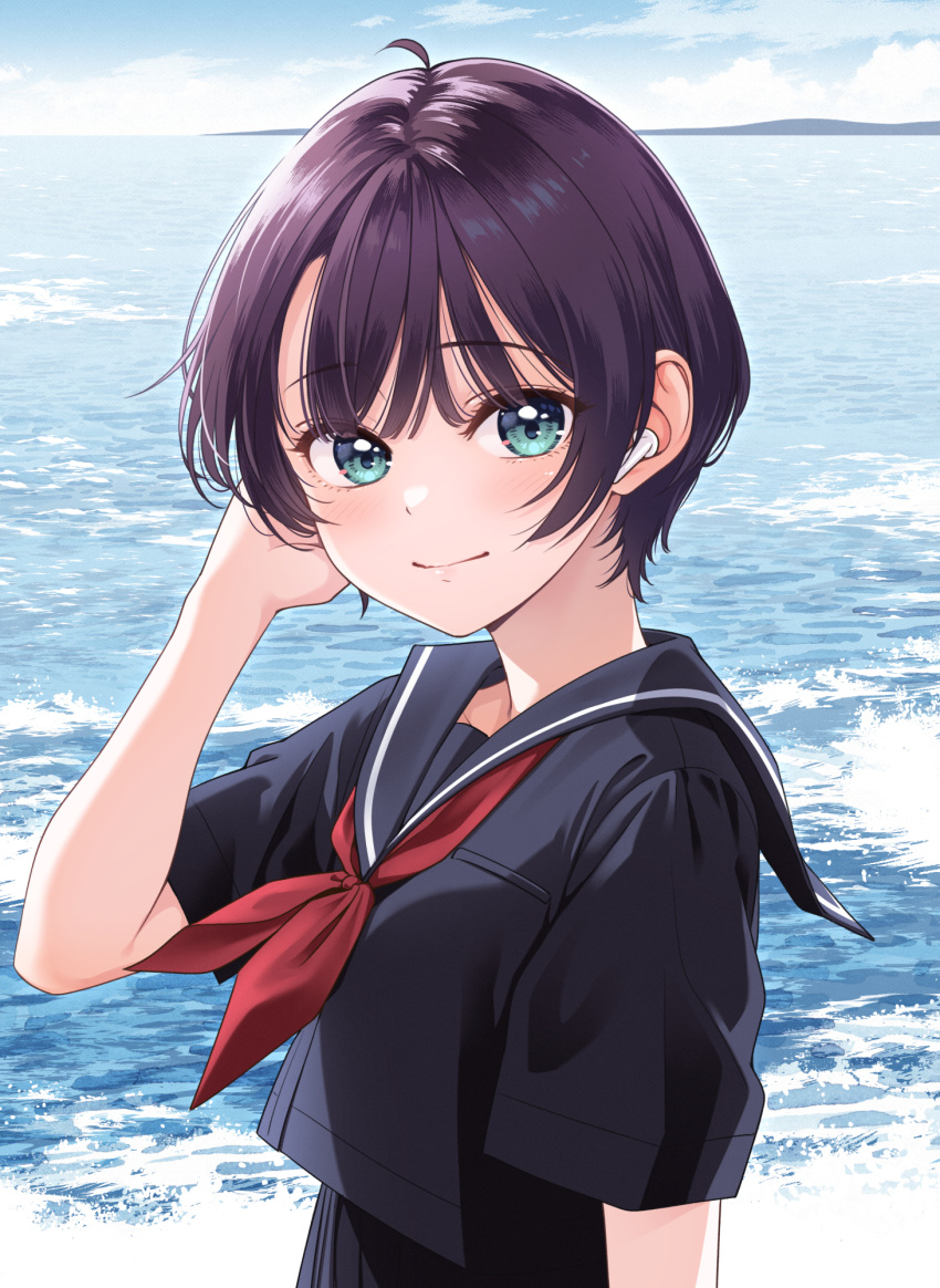 1girl, blue_shirt, green_eyes, highres, idol_x_idol_story!, koinumaru_suzu, ocean, official_art, school_uniform, shirt, short_hair, tokunou_shoutarou, waves