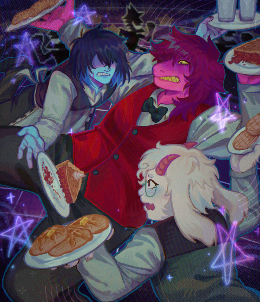 1boy, 1girl, 1other, animal_ears, blue_skin, colored_skin, colored_teeth, deltarune