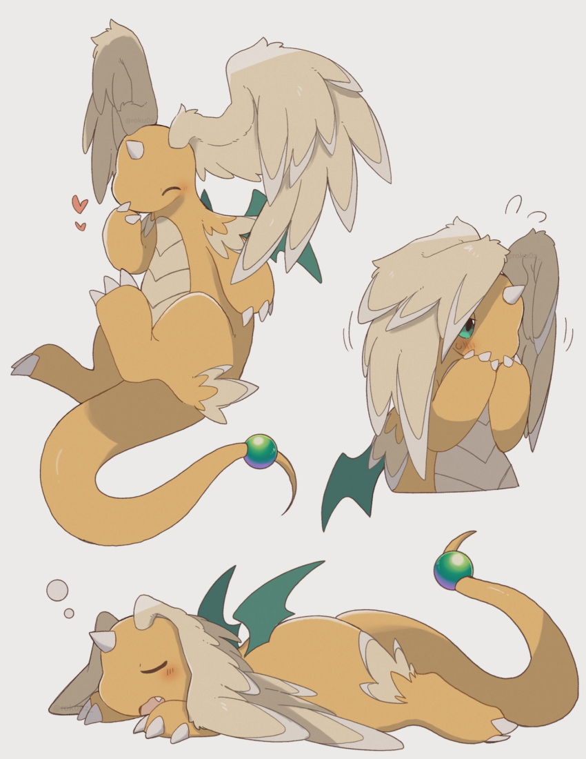 blush, claws, closed_eyes, closed_mouth, dragonite, green_eyes, happy, head_wings