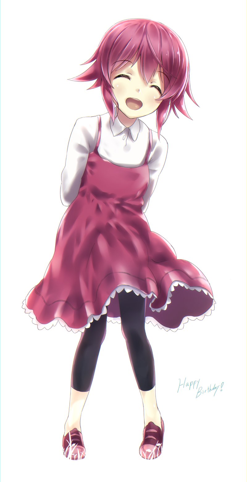 1girl, ^_^, aged_down, arms_behind_back, black_leggings, blush, buttons, chaos;child, child, closed_eyes, collared_shirt, cry85339067, dress, full_body, happy, highres, leggings, onoe_serika, open_mouth, pinafore_dress, pink_hair, pink_shoes, red_dress, science_adventure, shiny_skin, shirt, shoes, short_hair, simple_background, sleeveless, sleeveless_dress, smile, sneakers, solo, teeth, tongue, upper_teeth_only, white_background, white_petticoat, white_shirt