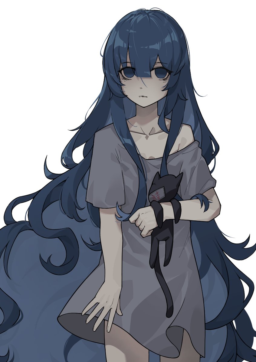 1girl, absurdly_long_hair, alternate_costume, bags_under_eyes, blue_eyes, blue_hair, closed_mouth, collarbone, dry_lips, expressionless, grey_nightgown, holding, holding_stuffed_toy, long_hair, looking_at_viewer, short_sleeves, single_bare_shoulder, solo, stuffed_toy, tierra_misu, touhou, very_long_hair, white_background, yorigami_shion