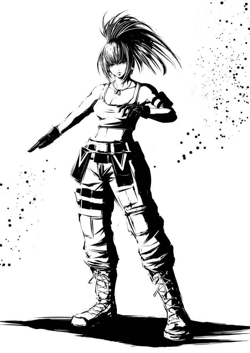 arm_pouch, bare_shoulders, belt, blade43883059, boots, breasts, cargo_pants, closed_mouth, combat_boots, crop_top, dog_tags, earrings, full_body, gloves, highres, jewelry, leona_heidern, midriff, monochrome, navel, pants, ponytail, sleeveless, soldier, the_king_of_fighters, the_king_of_fighters_xv, triangle_earrings