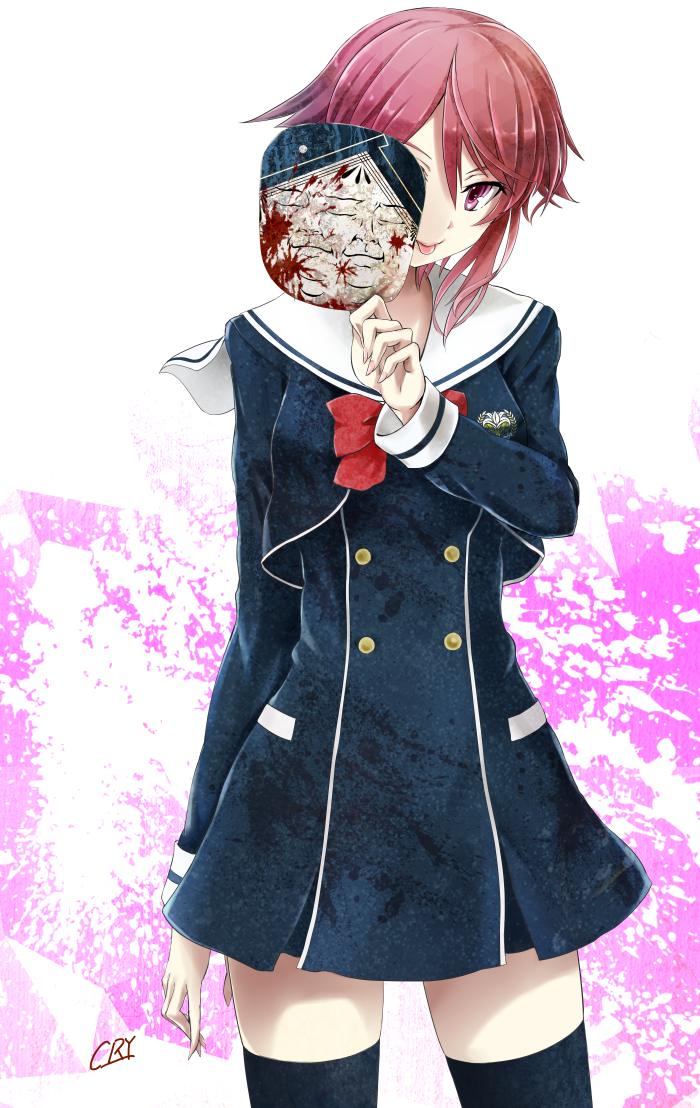 1girl, black_dress, blood, breasts, buttons, chaos;child, commentary_request, cropped_jacket