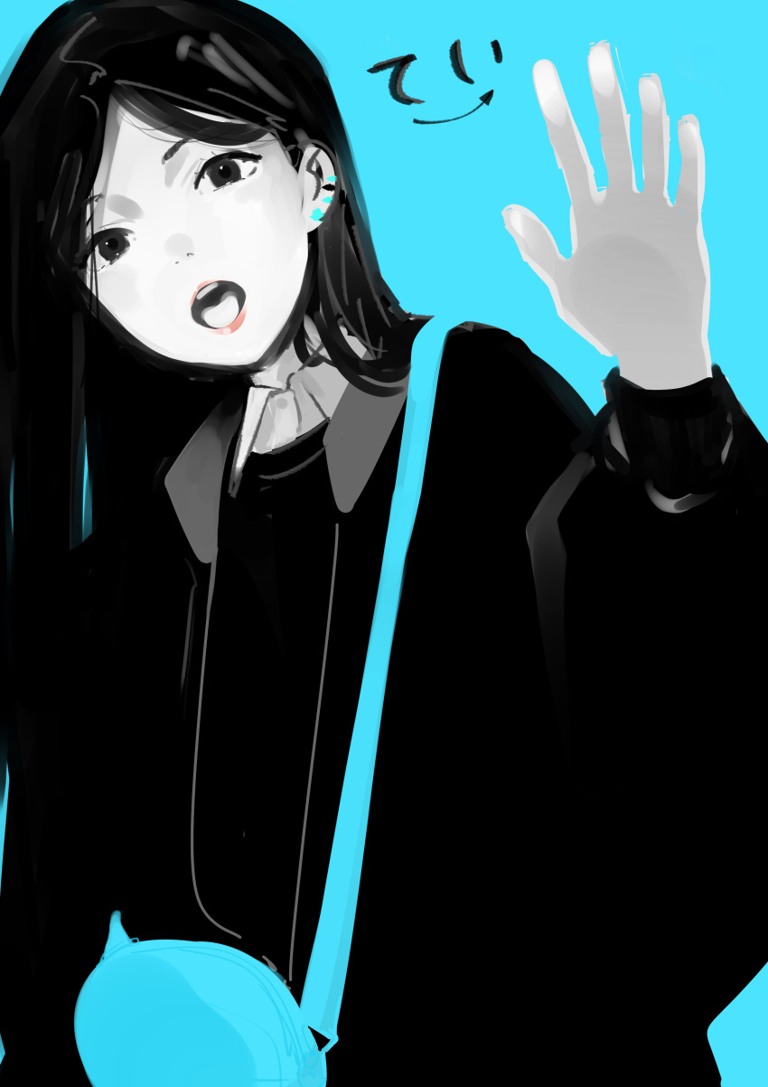 1girl, absurdres, aqua_background, aqua_bag, arm_at_side, bag, black_eyes, black_hair