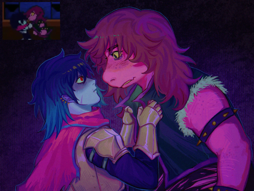 1girl, 1other, armlet, blue_skin, bracelet, colored_skin, deltarune, furry, furry_female, heiriz, highres, jewelry, kris_(dark_world)_(deltarune), kris_(deltarune), long_hair, pink_skin, purple_hair, reptile_girl, spiked_armlet, spiked_bracelet, spikes, susie_(dark_world)_(deltarune), susie_(deltarune)