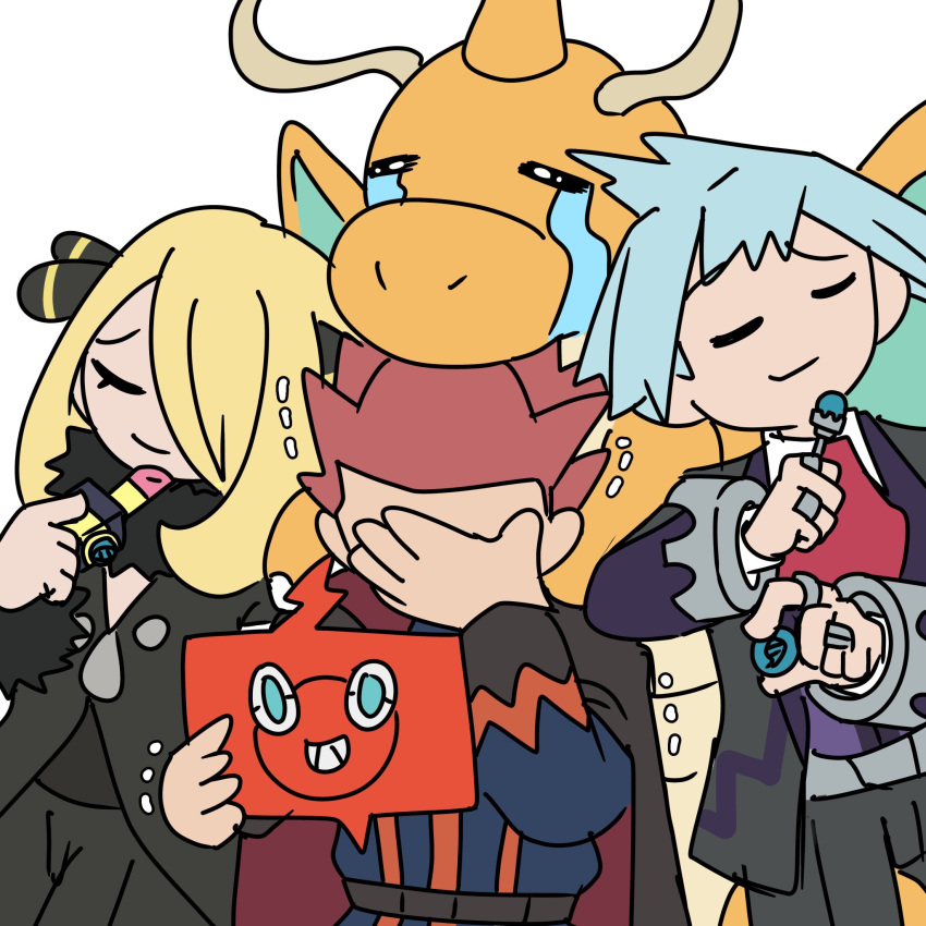 1girl, 2boys, black_cape, black_coat, blonde_hair, blue_hair, cape, closed_mouth