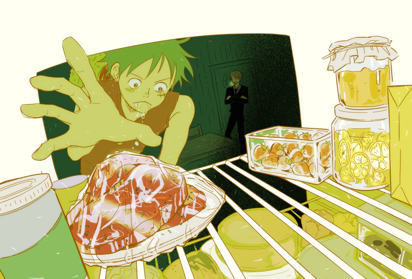 2boys, food, fruit, hand_up, highres, male_focus, meat, monkey_d._luffy