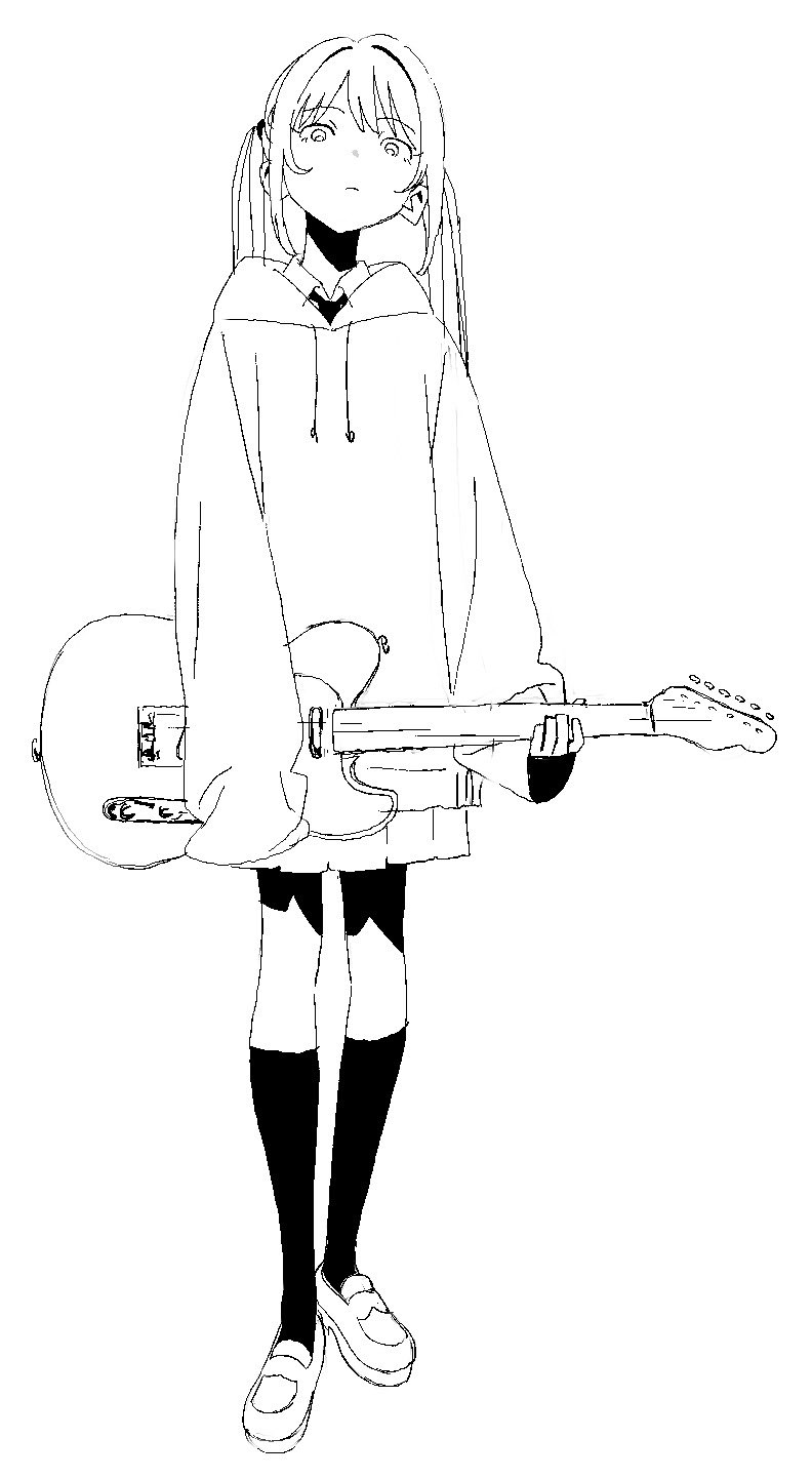 1girl, closed_mouth, electric_guitar, expressionless, full_body, greyscale, guitar, head_tilt, highres, holding, holding_guitar, holding_instrument, hood, hood_down, hoodie, instrument, jaggy_lines, kneehighs, loafers, long_hair, looking_at_viewer, monochrome, original, oversized_clothes, pleated_skirt, senzaki, shoes, simple_background, single_sleeve_past_fingers, skirt, socks, solo, standing, twintails