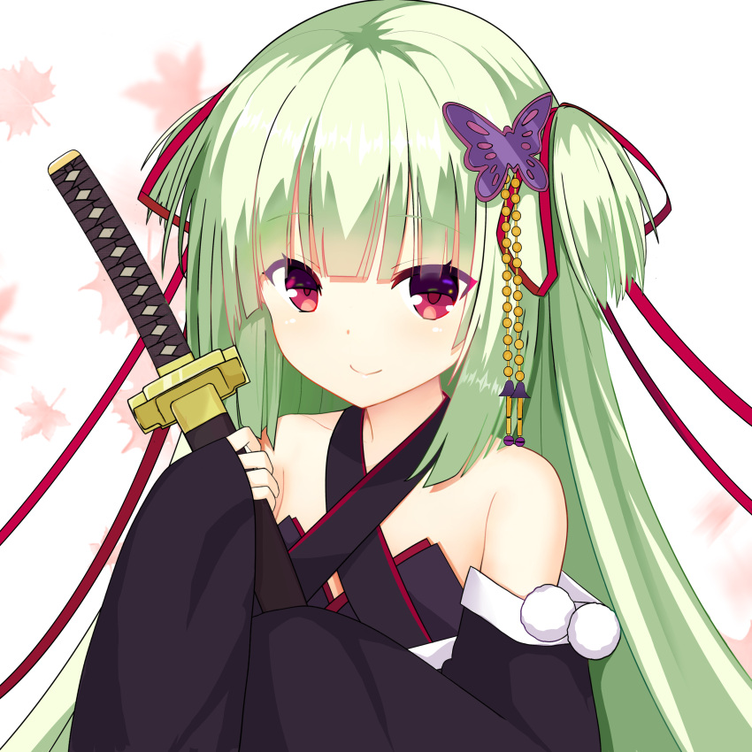 1girl, absurdres, bare_shoulders, black_kimono, blunt_bangs, blunt_ends, blush, breasts, butterfly_hair_ornament, closed_mouth, collarbone, commentary, criss-cross_halter, eyes_visible_through_hair, green_hair, hair_ornament, hair_ribbon, halterneck, hands_up, highres, holding, holding_sword, holding_weapon, japanese_clothes, katana, kimono, long_hair, long_ribbon, long_sleeves, looking_at_viewer, menglan_kio233, murasame_(senren), pom_pom_(clothes), red_eyes, red_ribbon, ribbon, senren_banka, sidelocks, simple_background, small_breasts, smile, solo, split_mouth, straight_hair, sword, two_side_up, upper_body, very_long_hair, weapon, white_background, wide_sleeves
