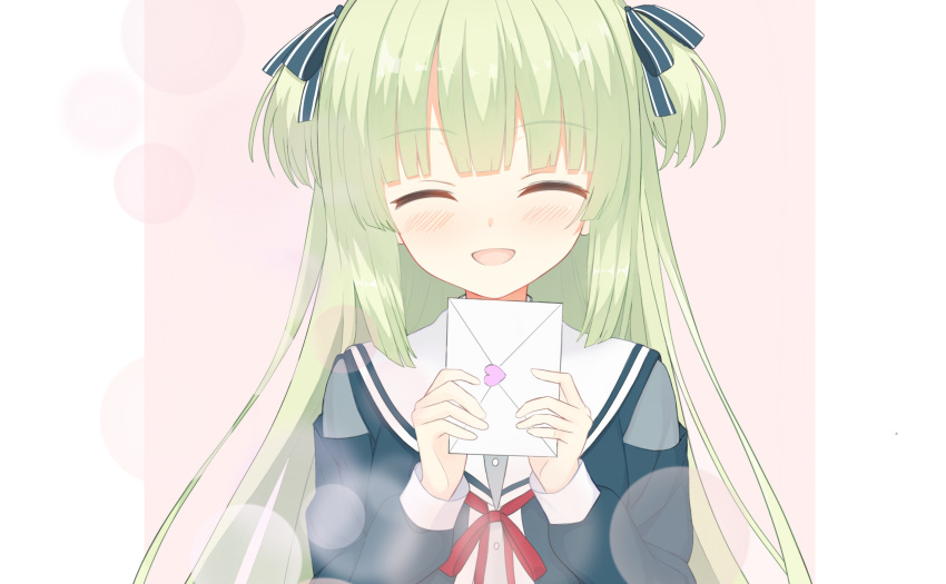 1girl, :d, ^_^, absurdres, aqua_jacket, aqua_ribbon, blunt_bangs, blunt_ends