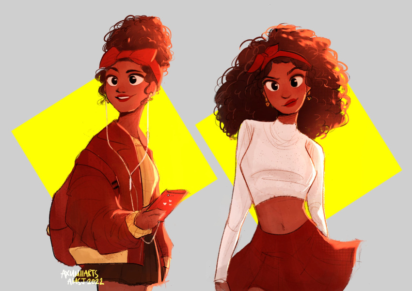 1girl, alternate_hairstyle, amsj_arts, arepa, bow, brown_eyes, brown_hair, choker, colombian_clothes, contemporary, curly_hair, dark-skinned_female, dark_skin, dolores_madrigal, dual_wielding, earrings, encanto, hair_bow, heart, heart_earrings, highres, holding, jewelry, official_alternate_costume, red_bow, simple_background, smile