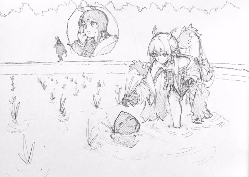 1other, 2girls, air_bubble, amiya_(arknights), arknights, bent_over, bubble, day