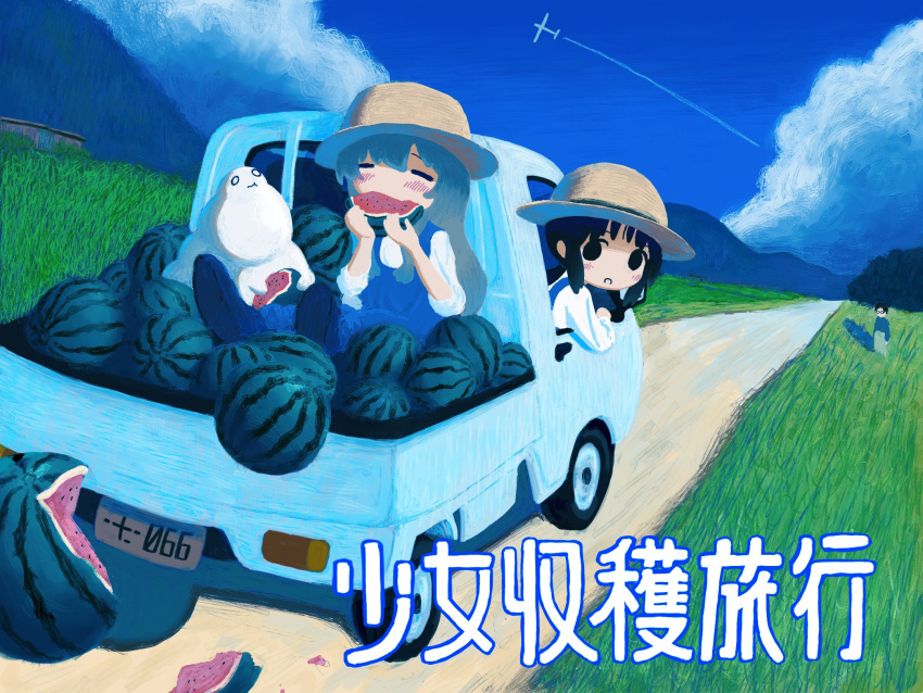1boy, 2girls, aircraft, airplane, alternate_costume, alternate_hair_color, black_eyes, black_hair