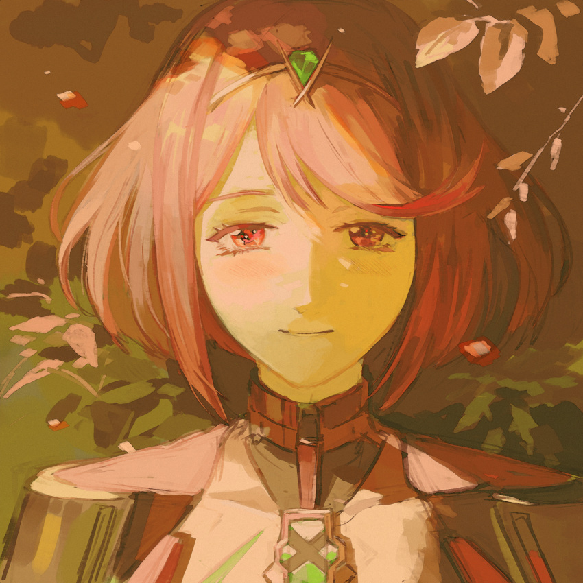 1girl, bob_cut, closed_mouth, commentary_request, eyelashes, highres, looking_at_viewer, machibari2, medium_hair, pyra_(xenoblade), red_eyes, red_hair, smile, solo, tiara, upper_body, xenoblade_chronicles_(series), xenoblade_chronicles_2