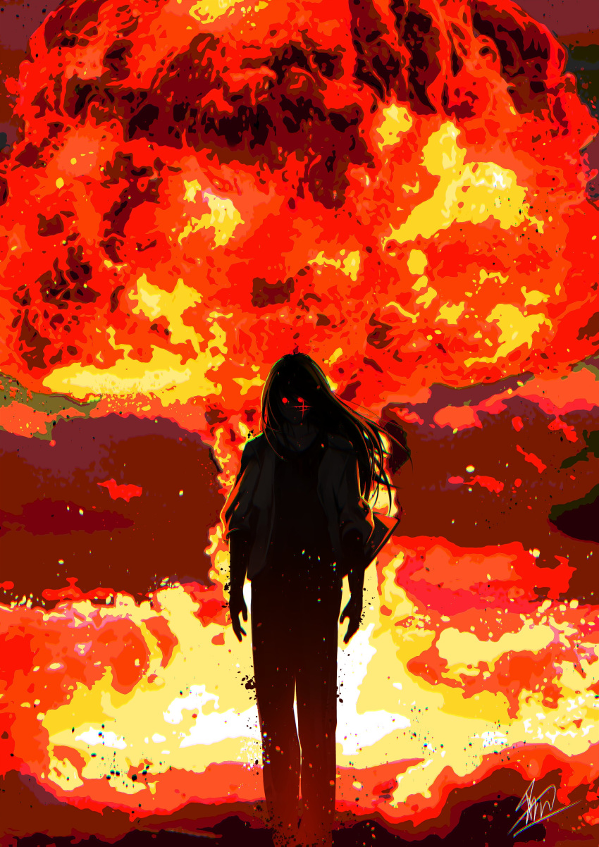1girl, absurdres, arms_at_sides, asarizer, black_hair, chainsaw_man, cross_scar, english_commentary