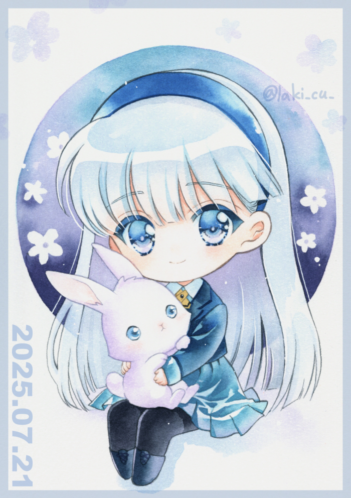 1girl, animal, animal_on_lap, artist_name, black_pantyhose, blue_border, blue_eyes, blue_hair