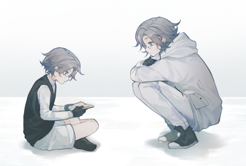 2boys, age_comparison, aotsuki_eito, black_gloves, black_shoes, black_vest, book, commentary