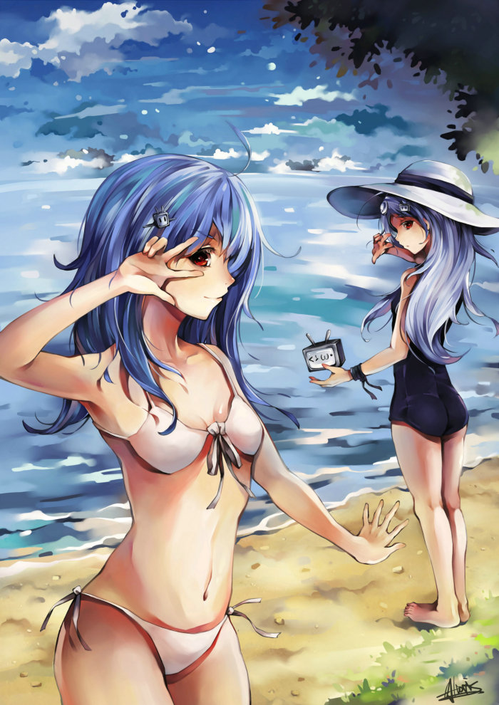 ahoge, altoris_(scee), aqua_hair, barefoot, beach, bikini, bili_bili_douga, bili_girl_22