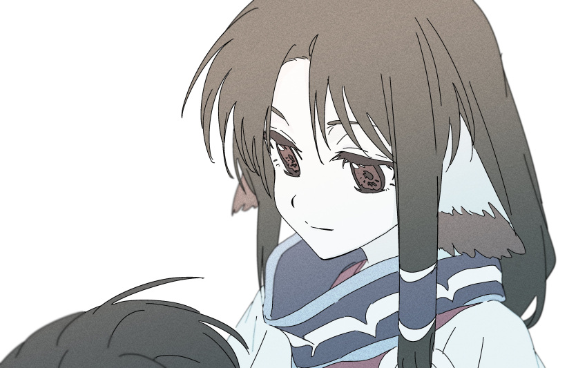 1girl, 1other, absurdres, animal_ears, blue_scarf, brown_eyes, brown_hair, closed_mouth