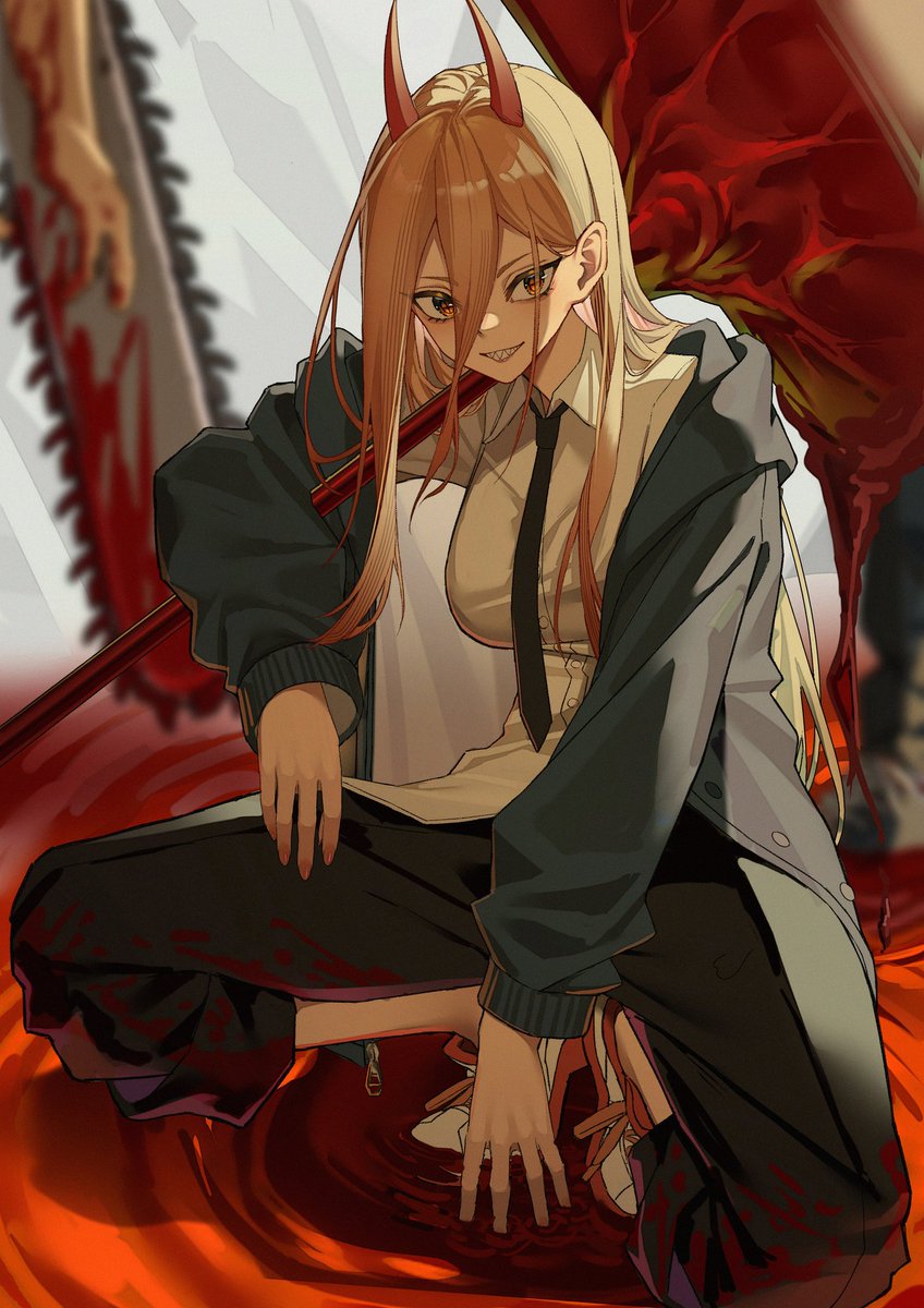 1boy, 1girl, 1other, after_battle, black_pants, blonde_hair, blood, blood_on_hands