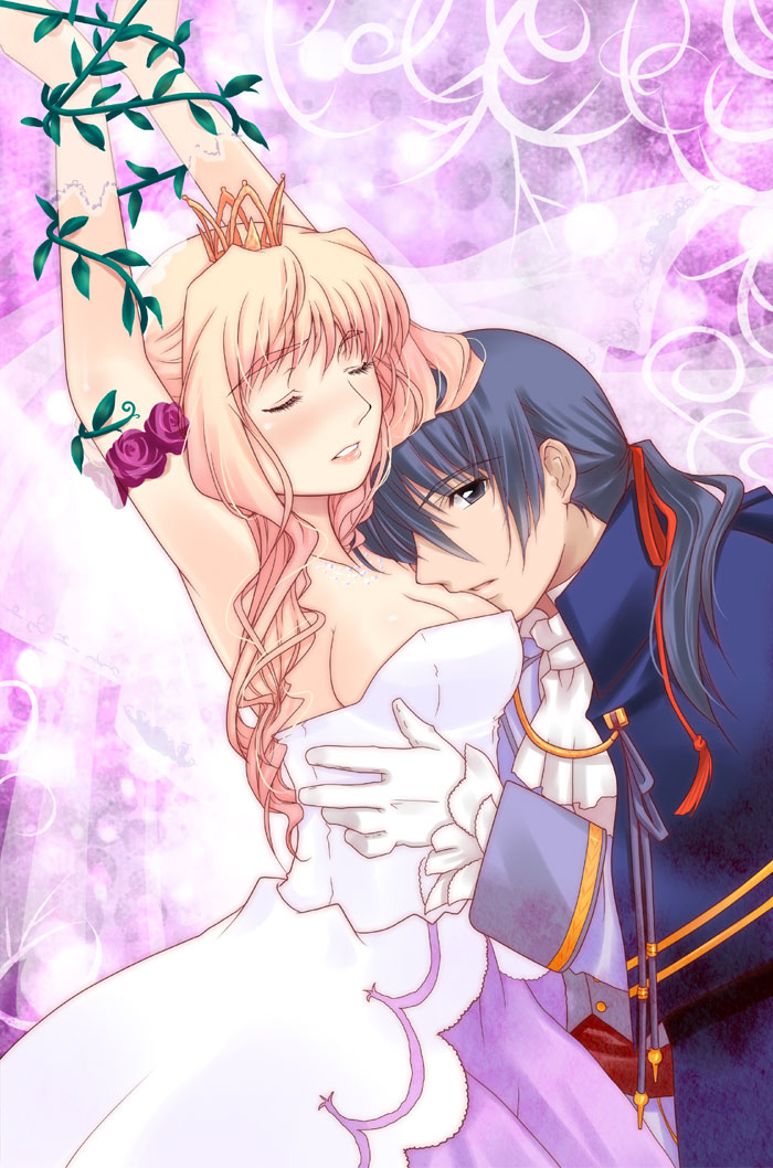 blonde_hair, blue_hair, bound_wrists, breast_pillow, breasts, cleavage, closed_eyes, couple