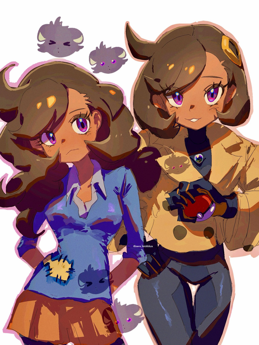 1girl, aged_up, black_bodysuit, black_hair, black_pantyhose, blue_sweater, bodysuit, bodysuit_under_clothes, breasts, closed_mouth, collared_shirt, dark-skinned_female, dark_skin, emma_(pokemon), espurr, gloves, highres, holding, holding_poke_ball, jacket, long_hair, looking_at_viewer, pantyhose, poke_ball, poke_ball_(basic), pokemon, pokemon_(creature), pokemon_legends:_z-a, pokemon_xy, shirt, short_hair, simple_background, skirt, smile, sweater, violet_eyes, white_background, zs_(zero_sickkkzs)