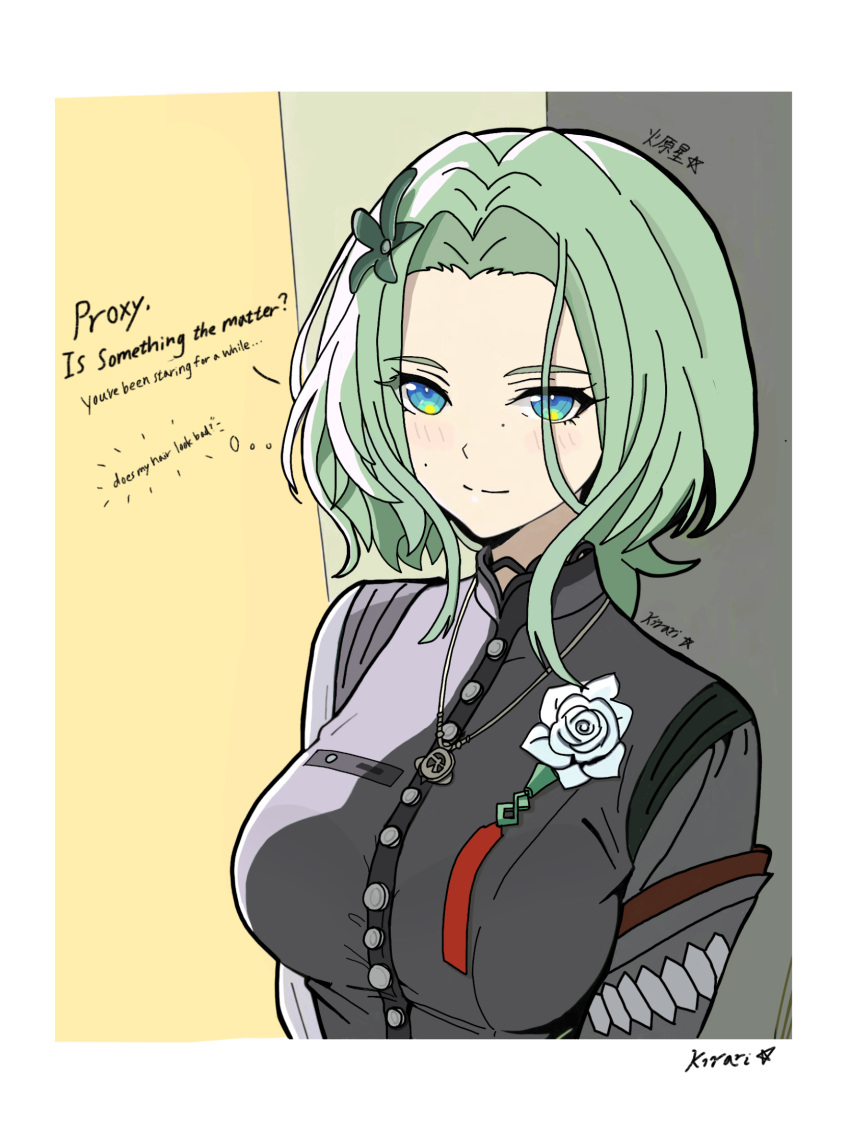1girl, aqua_eyes, artist_name, black_dress, blue_eyes, blush, border, breasts