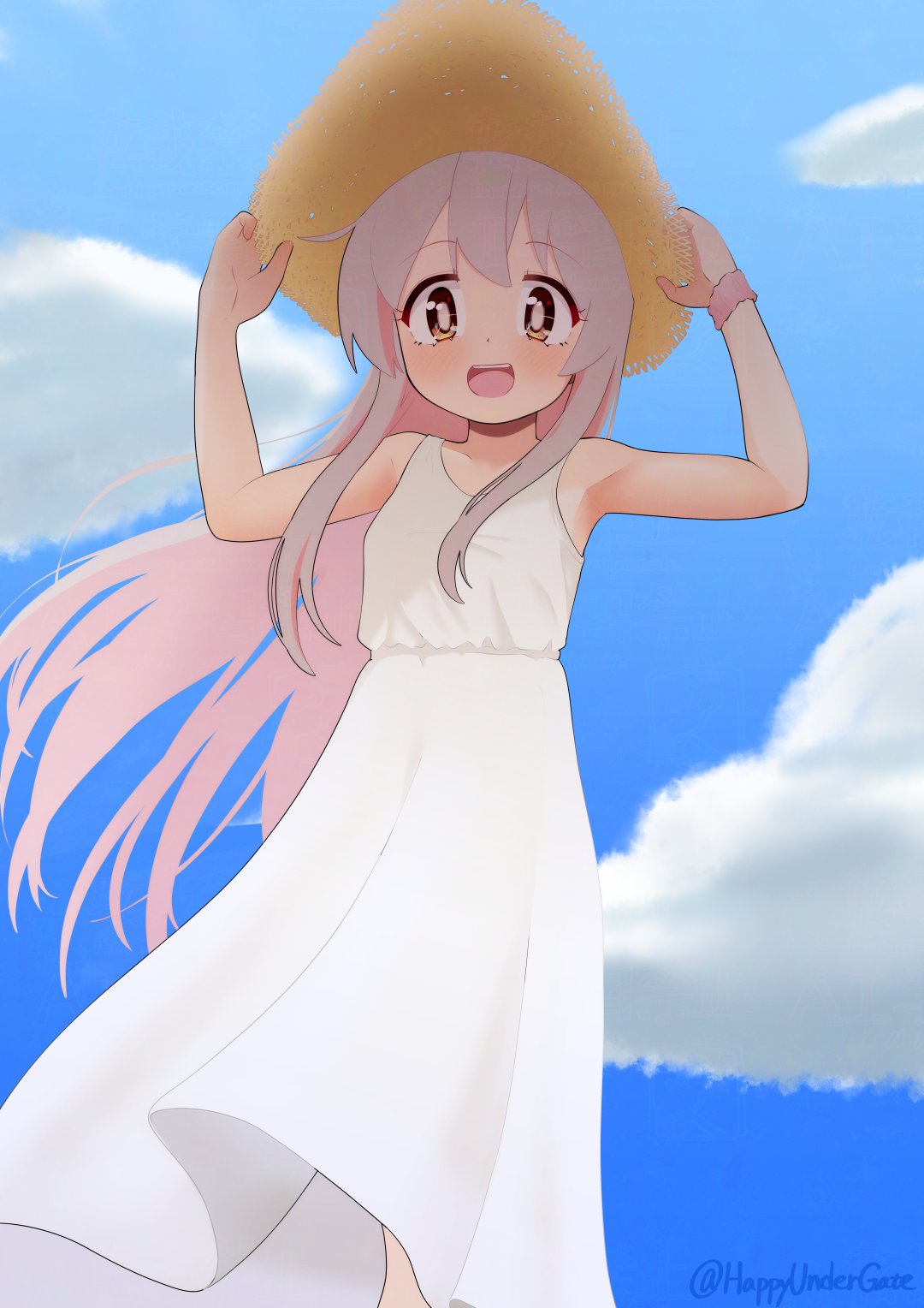 1girl, :d, artist_name, bare_arms, bare_shoulders, blue_sky, breasts, brown_eyes