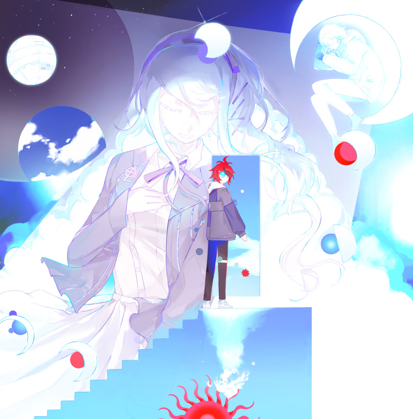 1girl, 2boys, absurdres, ahoge, aotsuki_eito, black_gloves, black_hairband, black_jacket
