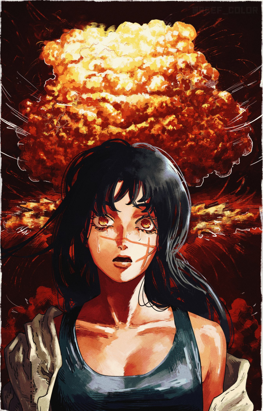 1girl, black_hair, chainsaw_man, comic_panel_redraw, cross_scar, derivative_work, explosion, fujimoto_tatsuki_(style)