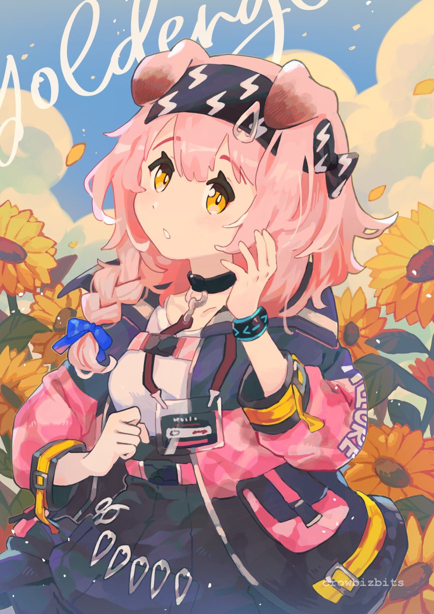 1girl, :o, animal_ears, arknights, artist_name, black_coat, black_skirt, blue_bow, blue_sky, bow, braid, braided_ponytail, breasts, bright_pupils, character_name, clenched_hand, clouds, coat, crowbizbits, cumulonimbus_cloud, day, dog_ears, double-parted_bangs, falling_petals, field, floppy_ears, flower, flower_field, framed_breasts, goldenglow_(arknights), hair_bow, hair_over_shoulder, hairband, hand_up, high-waist_skirt, highres, lanyard, light_particles, lightning_bolt_print, long_sleeves, looking_at_viewer, open_clothes, open_coat, orange_eyes, outdoors, parted_lips, petals, pink_coat, pink_hair, pocket, print_hairband, scissors, skirt, sky, small_breasts, solo, sunflower, upper_body, white_pupils, wristband, yellow_petals
