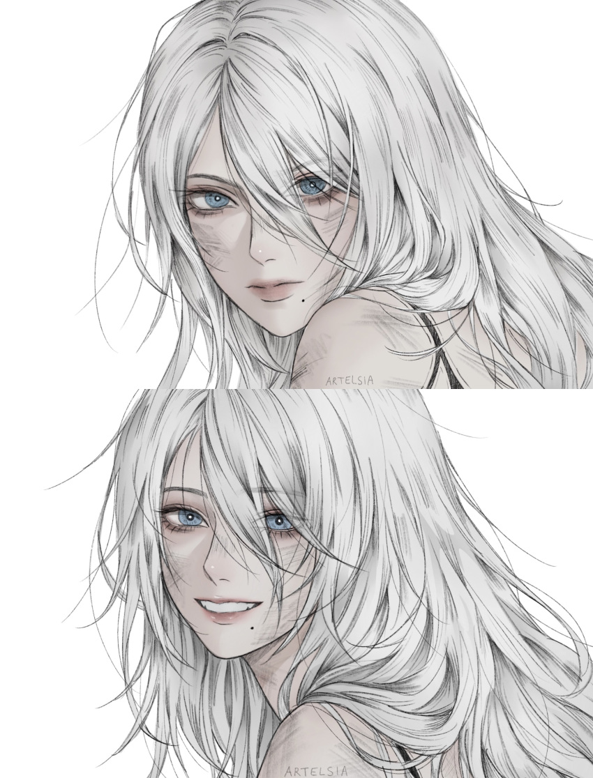 1girl, a2_(nier:automata), absurdres, artelsia, artist_name, blue_eyes, bright_pupils, closed_mouth, commentary, eyelashes, hair_between_eyes, highres, long_hair, looking_at_viewer, mole, mole_under_mouth, multiple_views, nier:automata, nier_(series), pink_lips, smile, teeth, twitter_username, white_hair, white_pupils