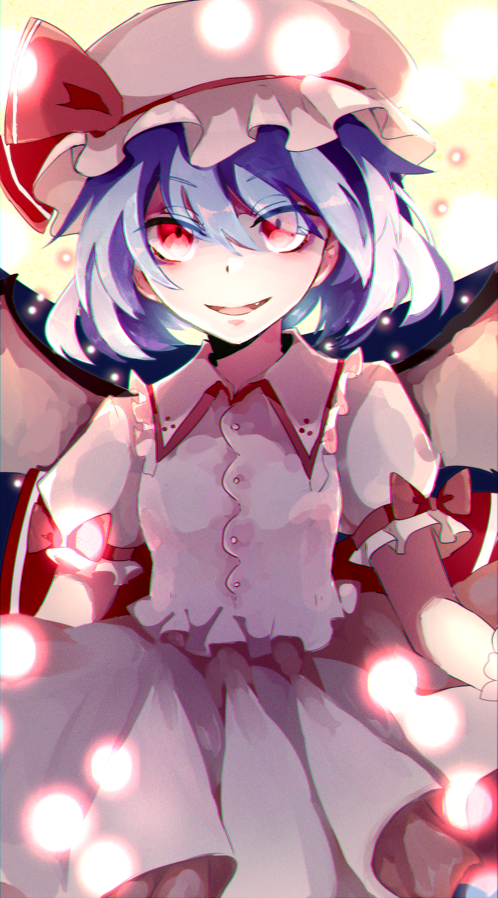 1girl, bat_wings, blue_hair, cowboy_shot, fang, hat, highres, kasahara_udori