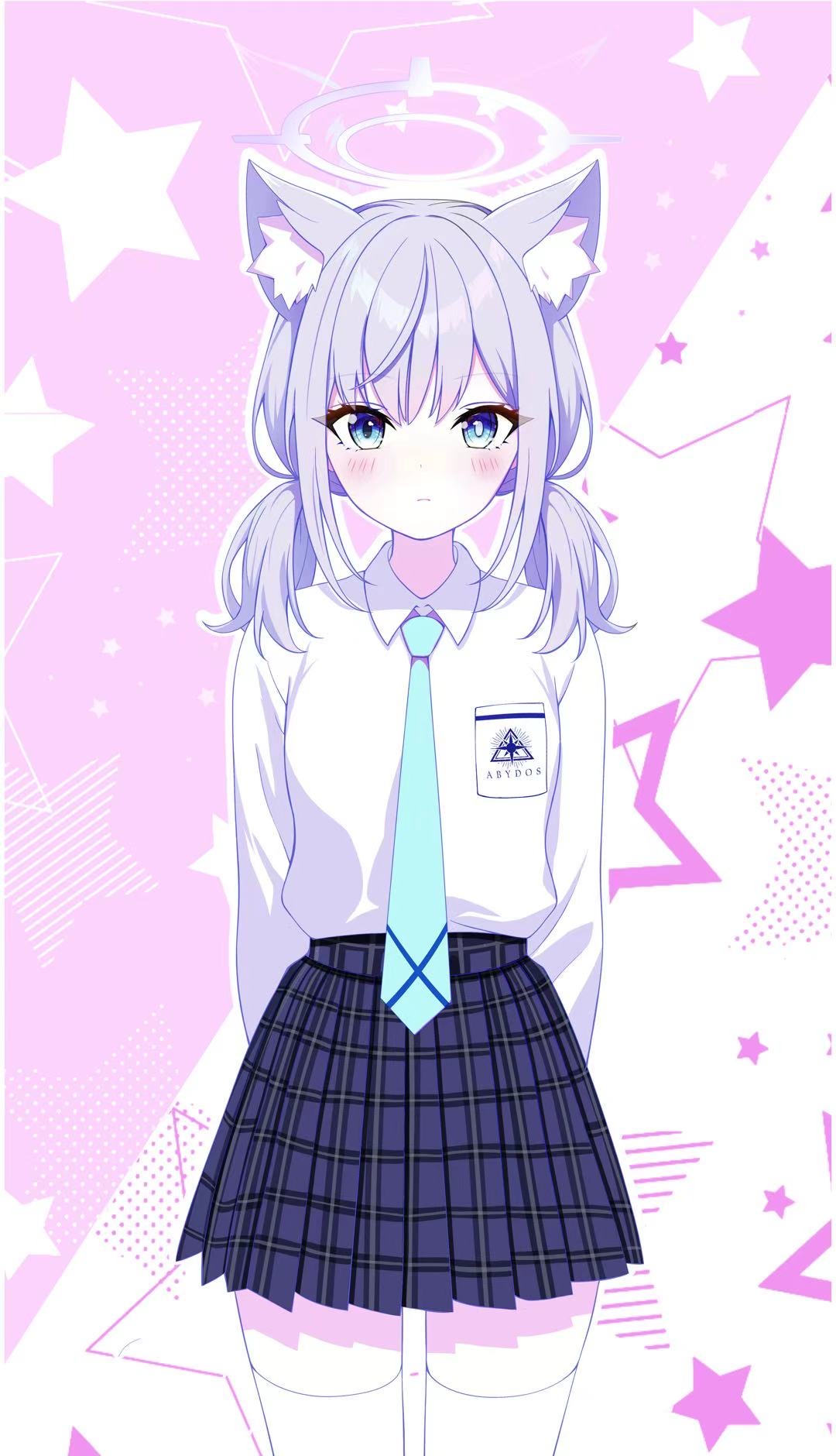 1girl, abydos_high_school_logo, adapted_costume, alternate_hairstyle, animal_ear_fluff, animal_ears, aqua_necktie, arms_behind_back