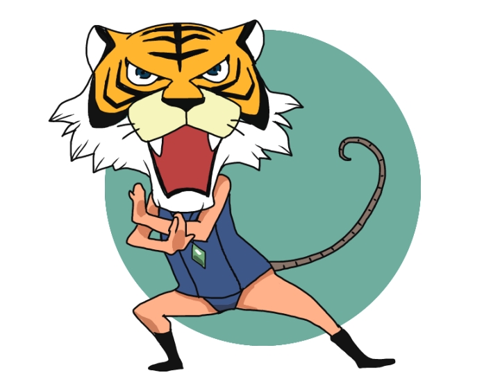 1girl, blue_background, commentary_request, cosplay, full_body, looking_at_viewer, masked, mouse_girl, mouse_tail, nazrin, onikobe_rin, school_swimsuit, simple_background, solo, swimsuit, tail, tiger_mask_(character), tiger_mask_(character)_(cosplay), tiger_mask_(series), touhou, two-tone_background, white_background