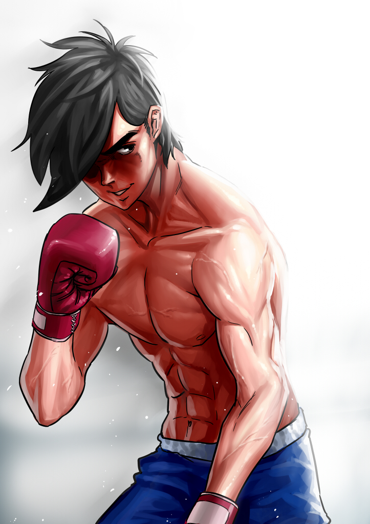 abs, ashita_no_joe, black_hair, boxing, boxing_gloves, boxing_shorts, collarbone, delta_zone