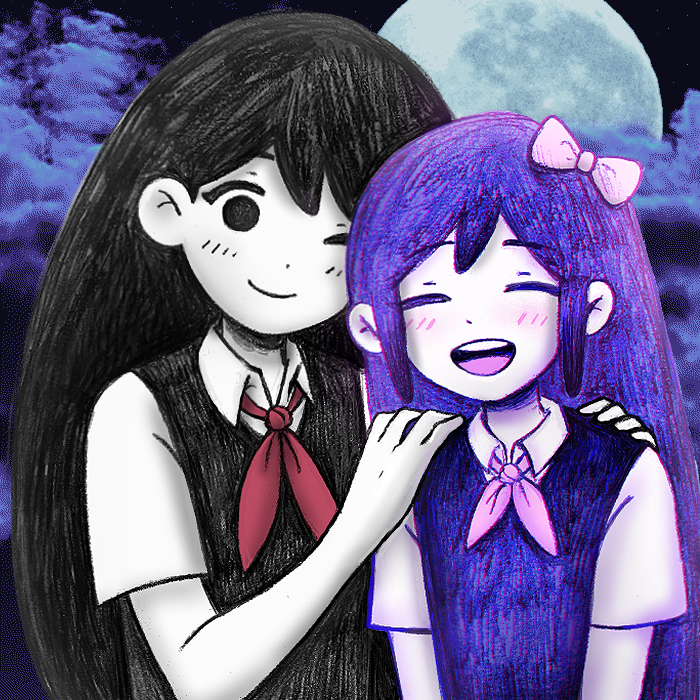 2girls, :d, ;), ^_^, alternate_color, arms_at_sides, aubrey_(headspace)_(omori), aubrey_(omori), black_eyes, black_hair, black_sky, black_sweater_vest, blush, bow, closed_eyes, collared_shirt, colored_skin, commentary, cosplay, dot_nose, double-parted_bangs, empty_eyes, english_commentary, facing_viewer, flat_chest, full_moon, hair_behind_ear, hair_between_eyes, hair_bow, hands_on_another's_shoulders, hands_up, happy_birthday, hatching_(texture), long_hair, looking_at_viewer, mari_(headspace)_(omori), mari_(headspace)_(omori)_(cosplay), mari_(omori), mari_(omori)_(cosplay), moon, multiple_girls, neckerchief, night, no_pupils, omocat_(style), omori, one_eye_closed, open_mouth, outdoors, pink_bow, pink_neckerchief, purple_hair, purple_sweater_vest, rainy_mari_mod, red_neckerchief, round_teeth, shirt, short_sleeves, sky, smile, straight_hair, sweater_vest, teeth, tongue, tree, upper_body, upper_teeth_only, white_shirt, white_skin