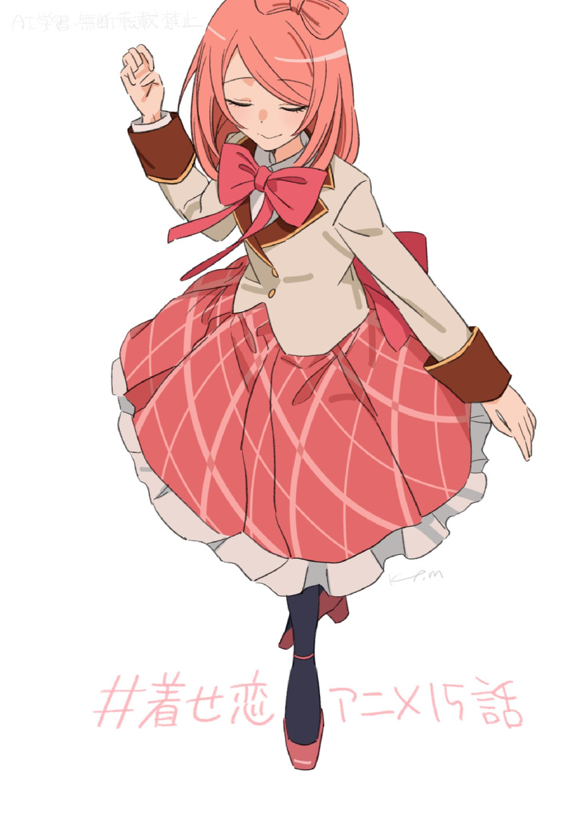1boy, bow, bowtie, closed_eyes, commentary_request, crossdressing, crossdressing_(mtf), frilled_skirt, frills, full_body, hair_bow, high_heels, highres, himeno_amane, koyama_miki, long_hair, long_sleeves, male_focus, pink_bow, pink_hair, red_bow, red_bowtie, red_shoes, red_skirt, shoes, simple_background, skirt, smile, solo, sono_bisque_doll_wa_koi_wo_suru, trap, white_background