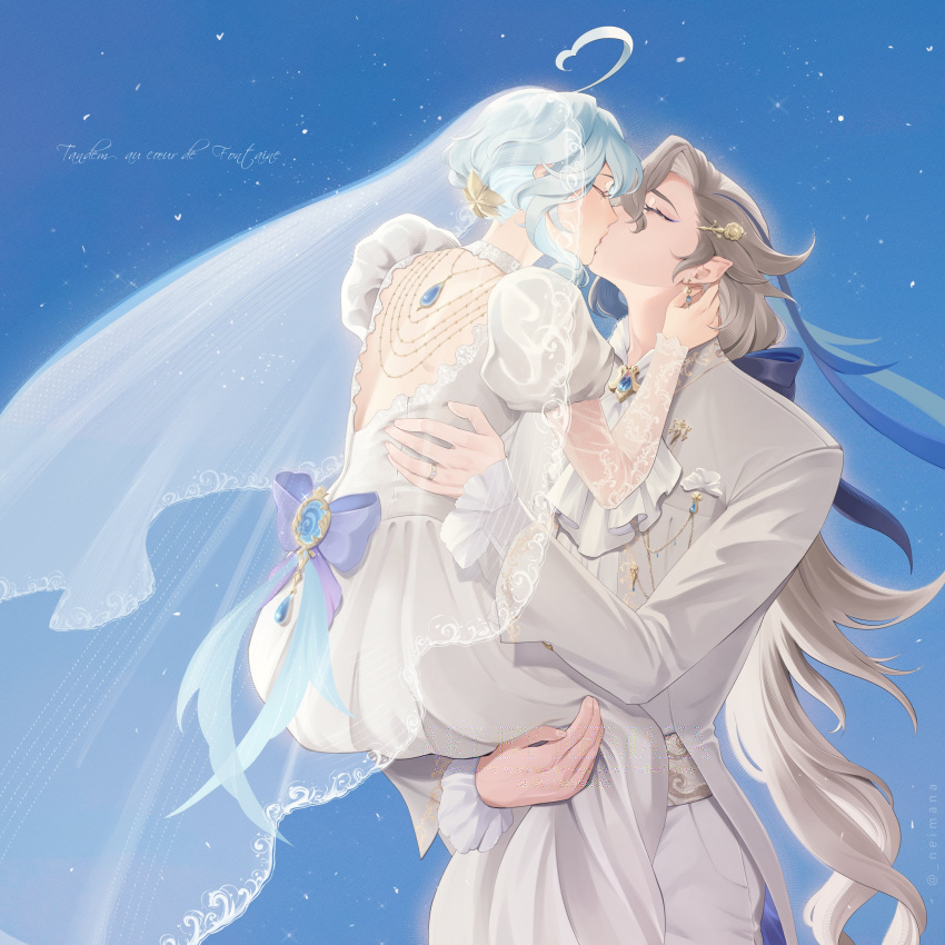 1boy, 1girl, absurdres, alternate_costume, blue_hair, blue_sky, bridal_veil, carrying, carrying_person, couple, dress, french_kiss, furina_(genshin_impact), genshin_impact, hetero, highres, husband_and_wife, jewelry, kiss, long_hair, neimana, neuvillette_(genshin_impact), ring, short_hair, sky, veil, vision_(genshin_impact), wedding, wedding_dress, wedding_ring, white_hair