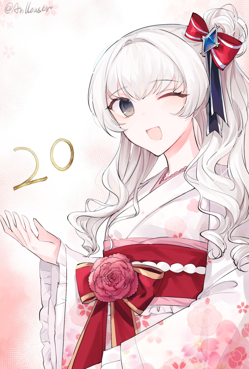 1girl, ;d, alternate_costume, anllouser, arcaea, bow, commentary_request, flower