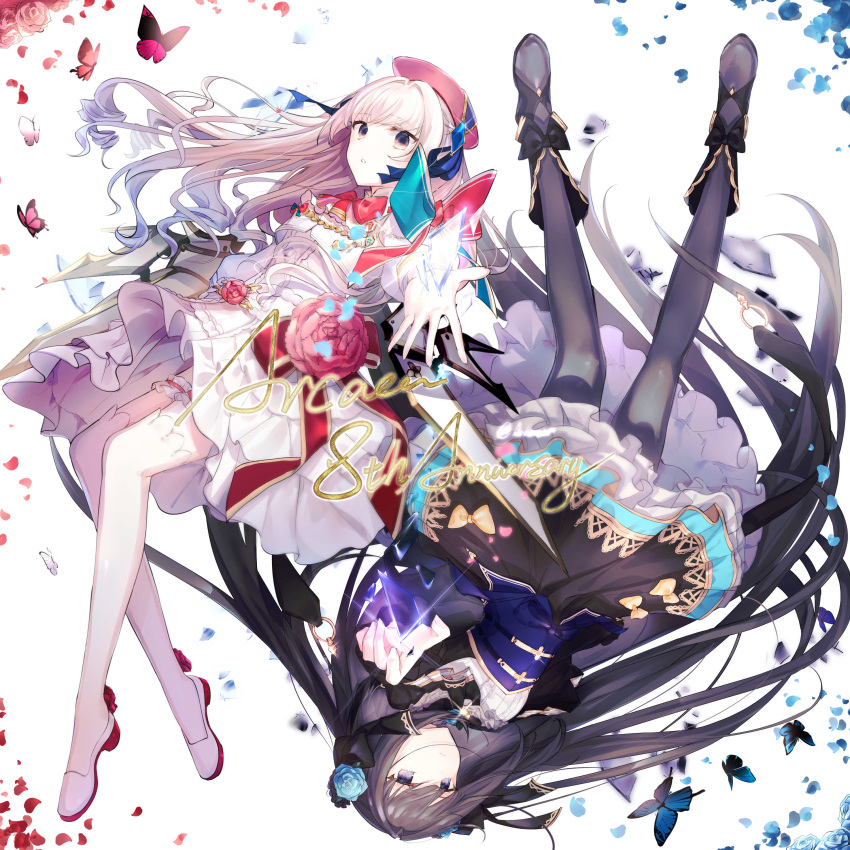 2girls, absurdres, ankle_boots, anllouser, anniversary, arcaea, black_boots, black_bow