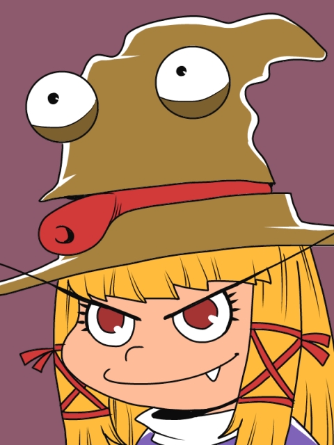 1girl, blonde_hair, chapeauji, closed_mouth, commentary_request, crossover, dororon_enma-kun, fang