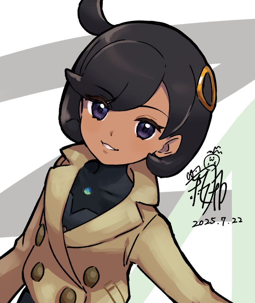 1girl, ahoge, black_bodysuit, black_hair, bodysuit, brown_jacket, commentary_request, dark-skinned_female