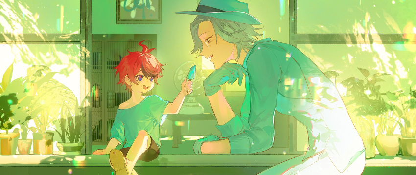 2boys, absurdres, age_difference, aged_down, ahoge, aizendai, aotsuki_eito, black_gloves