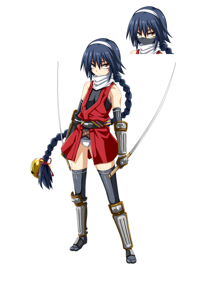 arm_guard, armor, blue_hair, braid, dual_wielding, elbow_gloves, face_mask, fishnets, flat_chest, gloves, hairband, hotori_(artist), hotori_(sion), japanese_clothes, long_hair, mask, ninja, original, scarf, simple_background, solo, standing, sword, tabi, thigh-highs, thighhighs, very_long_hair, weapon, yellow_eyes