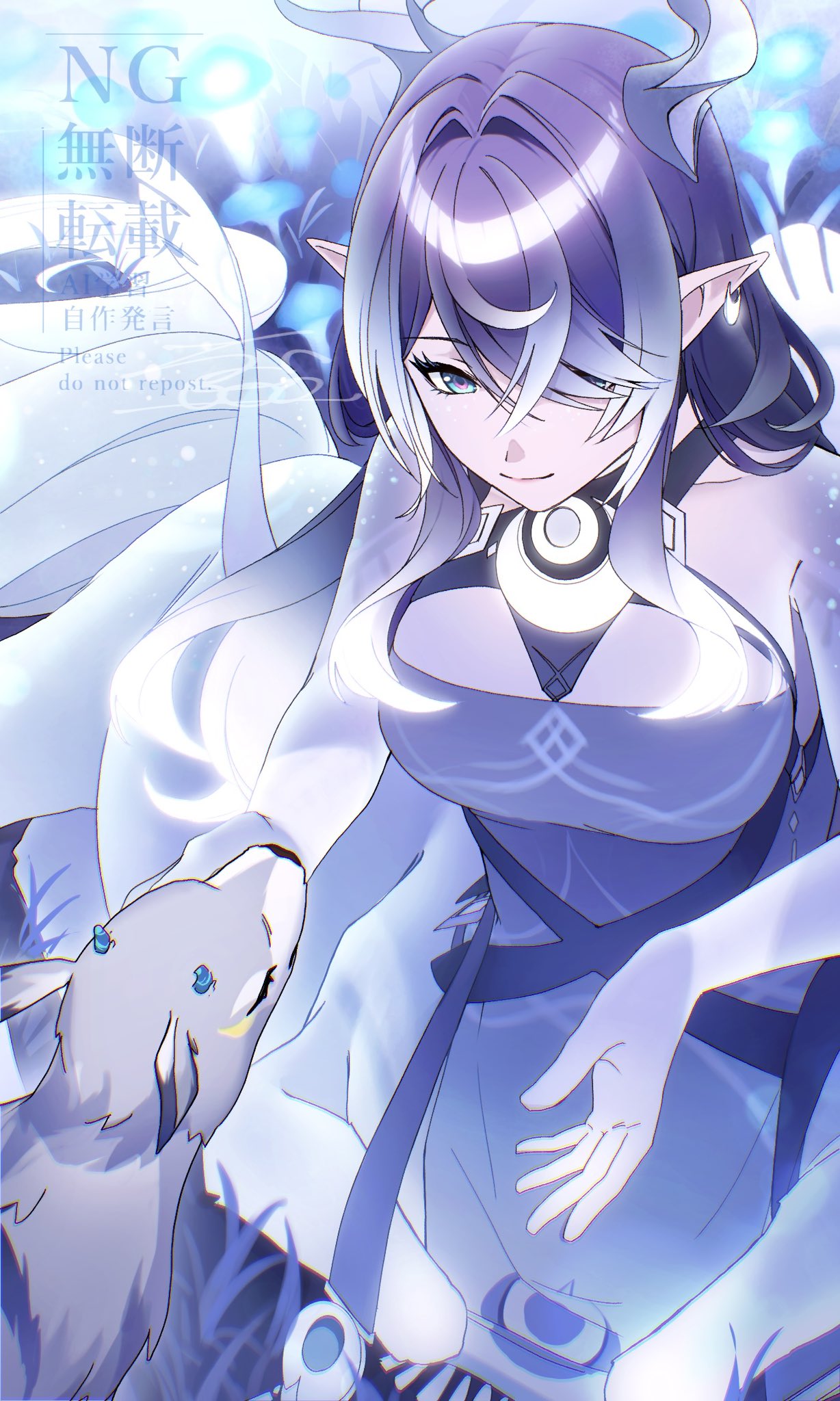 1girl, alternate_costume, alternate_form, animal_ears, antlers, blue_dress, blue_eyes, blue_hair