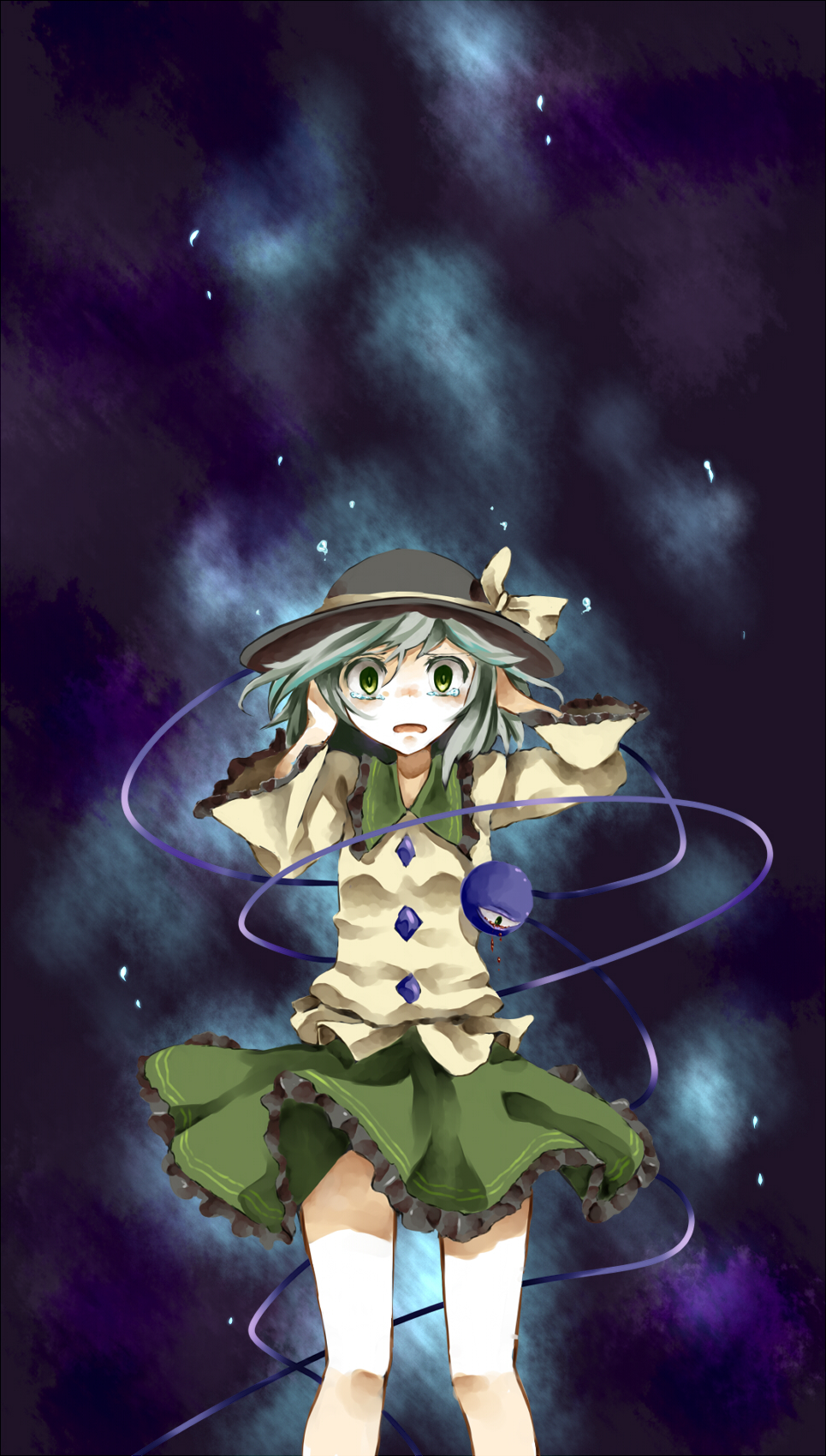blood, bloody_tears, blush, eyeball, green_eyes, green_hair, hat, highres