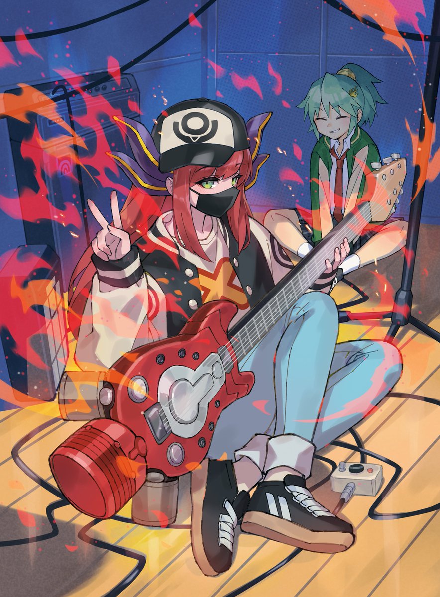 2girls, baseball_cap, black_hat, black_jacket, black_mask, black_shoes, black_skirt, chifuin_gyai