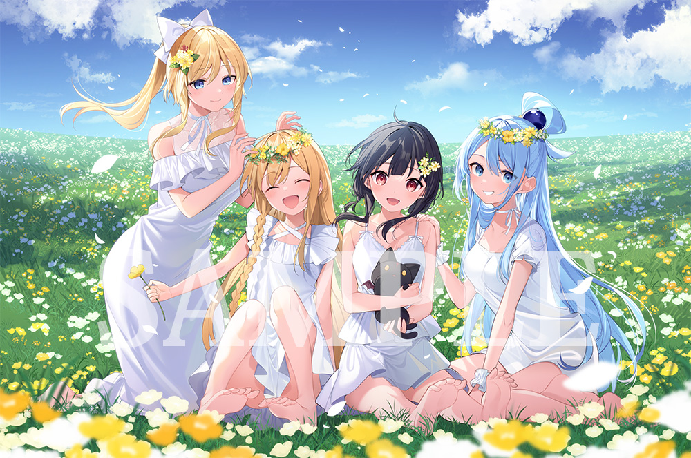 4girls, :d, ^_^, aqua_(konosuba), bare_shoulders, barefoot, black_hair, blonde_hair, blue_eyes, blue_hair, blush, bow, braid, breasts, camisole, cat, chomusuke, closed_eyes, clouds, darkness_(konosuba), dress, field, flower, flower_field, hair_between_eyes, hair_flower, hair_ornament, hair_rings, half-closed_eyes, happy, holding, holding_flower, iris_(konosuba), kneeing, kono_subarashii_sekai_ni_shukufuku_wo!, large_breasts, long_hair, looking_at_viewer, megumin, mishima_kurone, multiple_girls, official_art, open_mouth, petals, ponytail, red_eyes, sample_watermark, shirt, short_hair_with_long_locks, sidelocks, single_hair_ring, sitting, skirt, sky, smile, very_long_hair, watermark, white_camisole, white_dress, white_shirt, white_skirt